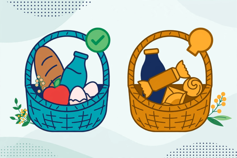 Grocery baskets comparing GST-free and taxed items, illustration for the GST-free versus input-taxed guide