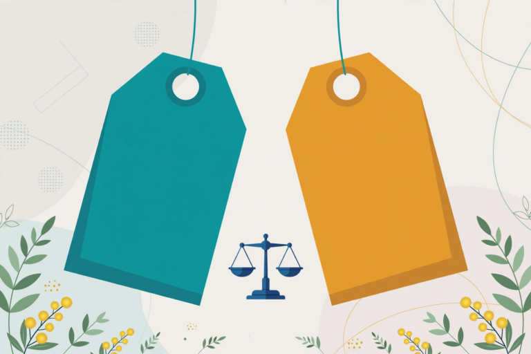 Two price tags with balance scale, illustration for the Australian GST inclusive versus exclusive calculator