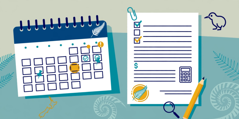 Desk calendar with marked GST return due dates, illustration for the NZ GST return due date guide